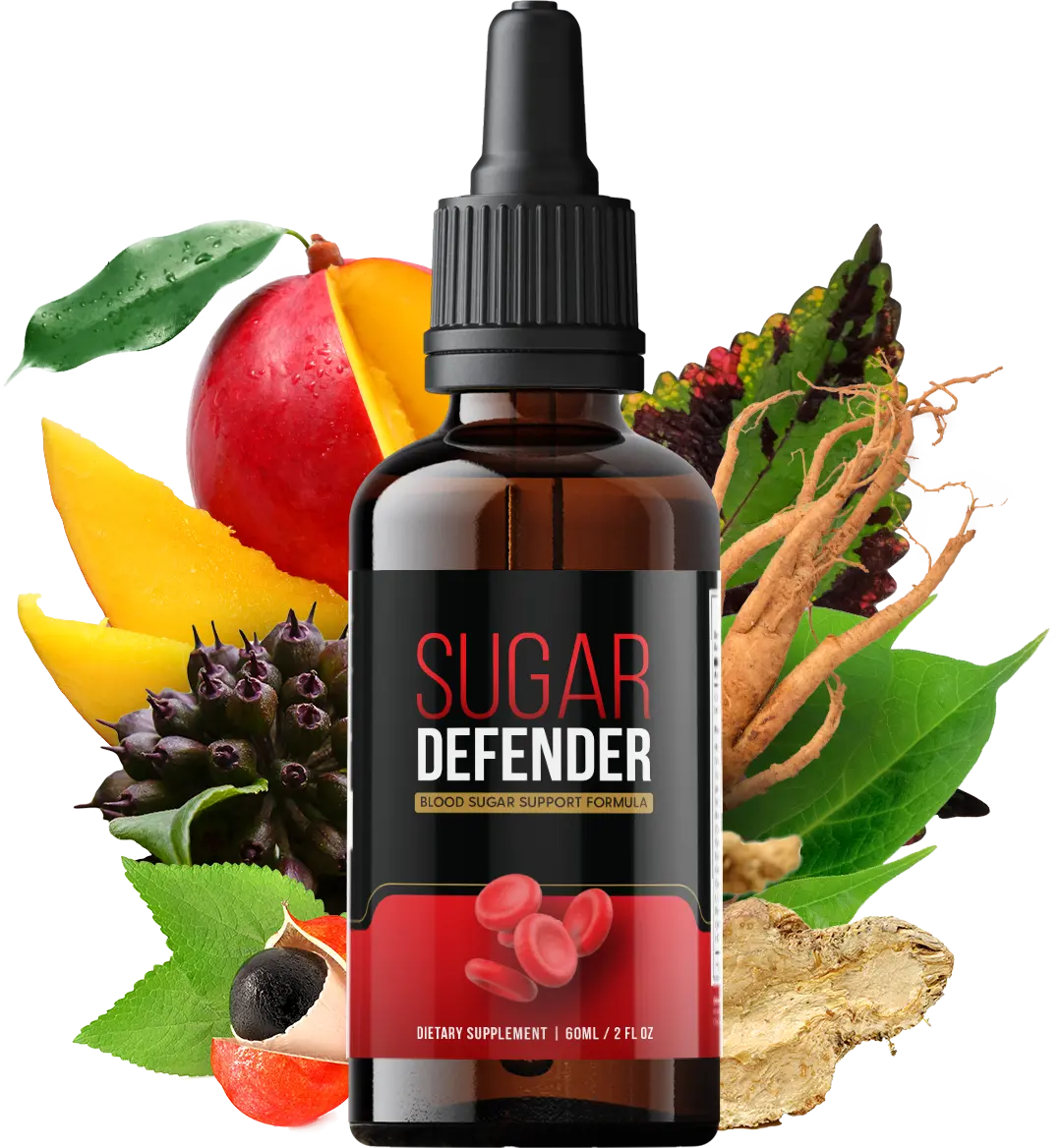 Image of a Sugar Defender bottle, a dietary supplement designed to support healthy blood sugar levels, featuring a sleek label with vibrant colors and health-focused branding.